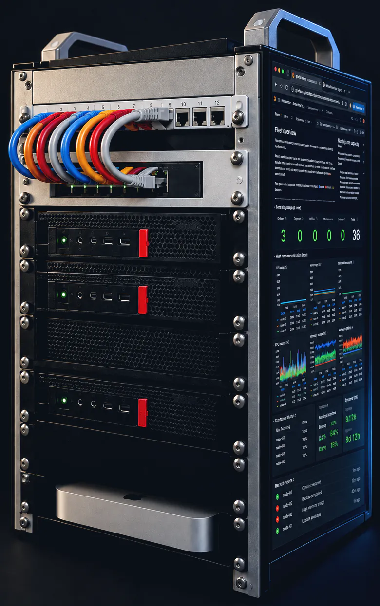The rack: a patch panel with coloured network cables, a network switch, three mini PCs, a Mac Mini, and a monitor showing live dashboards.